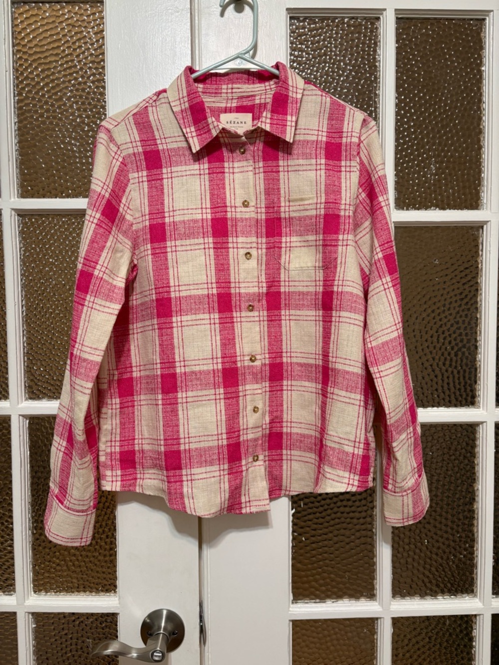 Sezane tomboy shirt (pink plaid button up)